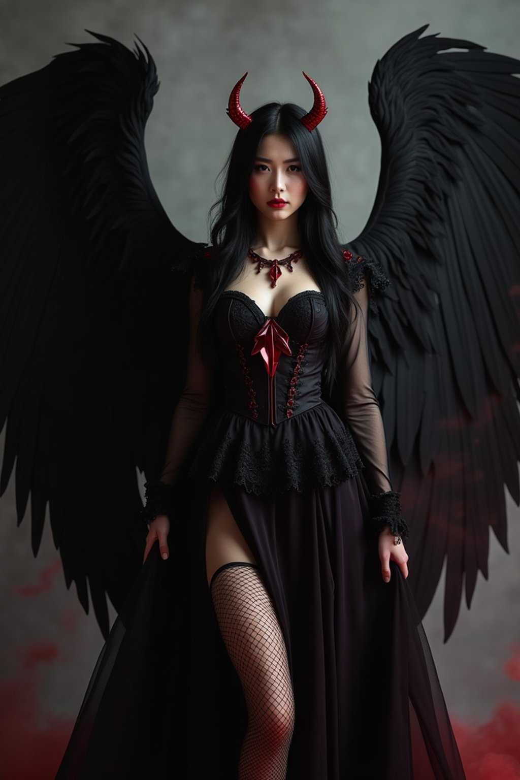 a woman dressed as an angel poses for a picture, dark angel, angel knight gothic girl, dark gothic dress, very sexy devil outfit, full body devil woman, gothic woman dressed in black and red, megan fox witch queen, raven winged female vampire, villainess has black angel wings, gothic outfit, tall female angel, gothic dress, fallen angel, winged woman angel, fishnet stockings