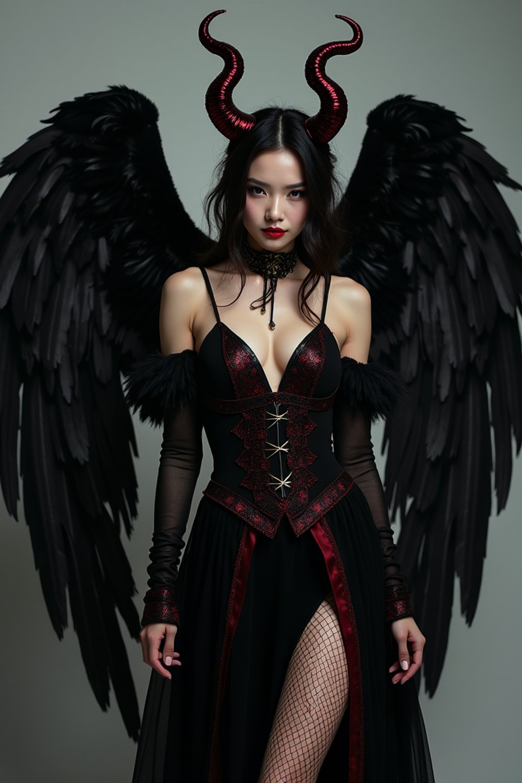 a woman dressed as an angel poses for a picture, dark angel, angel knight gothic girl, dark gothic dress, very sexy devil outfit, full body devil woman, gothic woman dressed in black and red, megan fox witch queen, raven winged female vampire, villainess has black angel wings, gothic outfit, tall female angel, gothic dress, fallen angel, winged woman angel, fishnet stockings