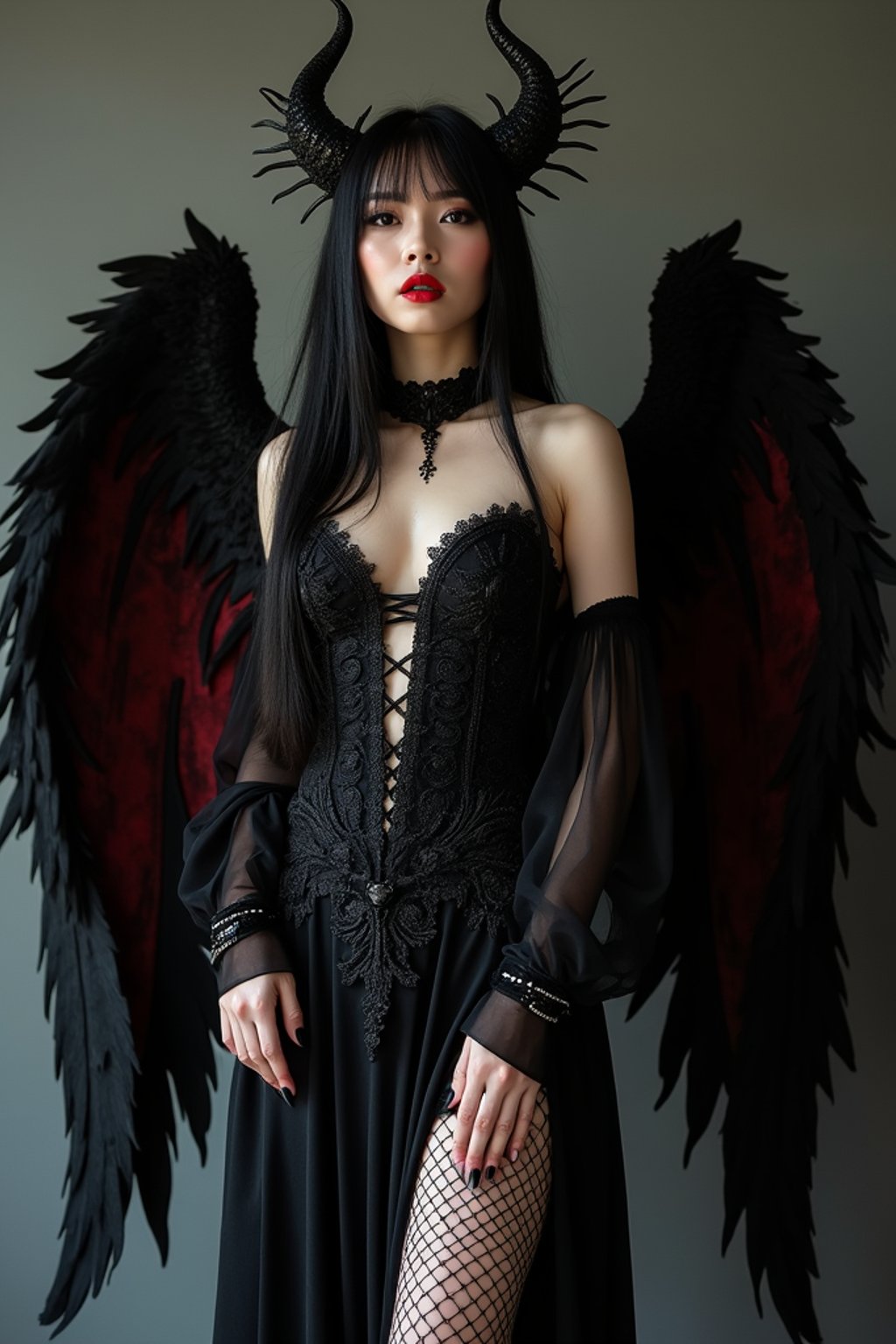 a woman dressed as an angel poses for a picture, dark angel, angel knight gothic girl, dark gothic dress, very sexy devil outfit, full body devil woman, gothic woman dressed in black and red, megan fox witch queen, raven winged female vampire, villainess has black angel wings, gothic outfit, tall female angel, gothic dress, fallen angel, winged woman angel, fishnet stockings