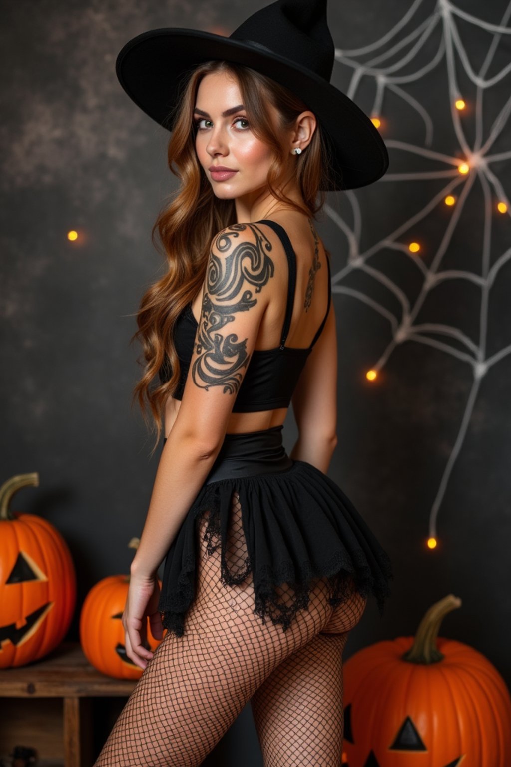 woman wearing (naughty halloween) (sexy halloween costume) (fishnet bodystockings) (halloween outfit), spooky outfit posing for photo, background is halloween pumpkins and spiderwebs