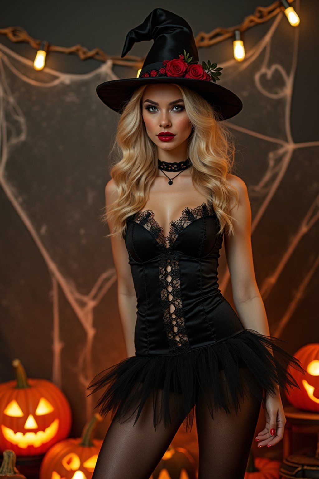 woman wearing (naughty halloween) (sexy halloween costume) (stockings) (halloween outfit), spooky outfit posing for photo, background is halloween pumpkins and spiderwebs