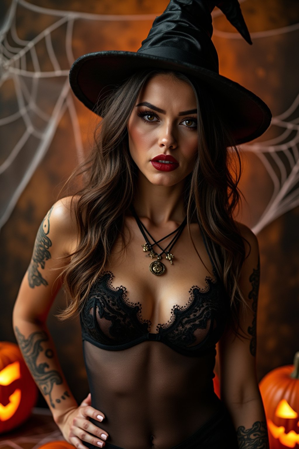 woman wearing (naughty halloween) (sexy halloween costume) (halloween outfit), spooky outfit posing for photo, background is halloween pumpkins and spiderwebs