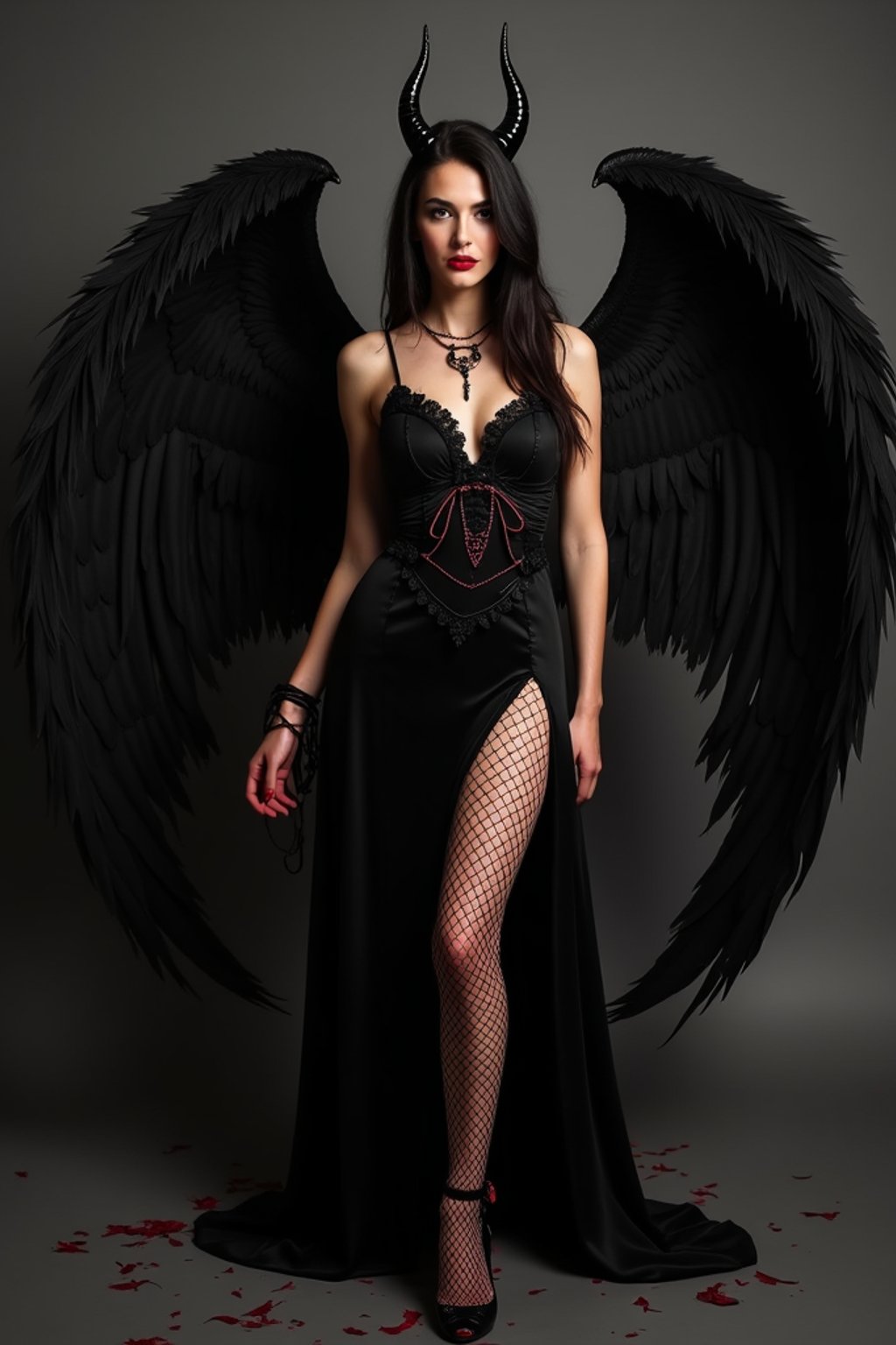 a woman dressed as an angel poses for a picture, dark angel, angel knight gothic girl, dark gothic dress, very sexy devil outfit, full body devil woman, gothic woman dressed in black and red, megan fox witch queen, raven winged female vampire, villainess has black angel wings, gothic outfit, tall female angel, gothic dress, fallen angel, winged woman angel, fishnet stockings