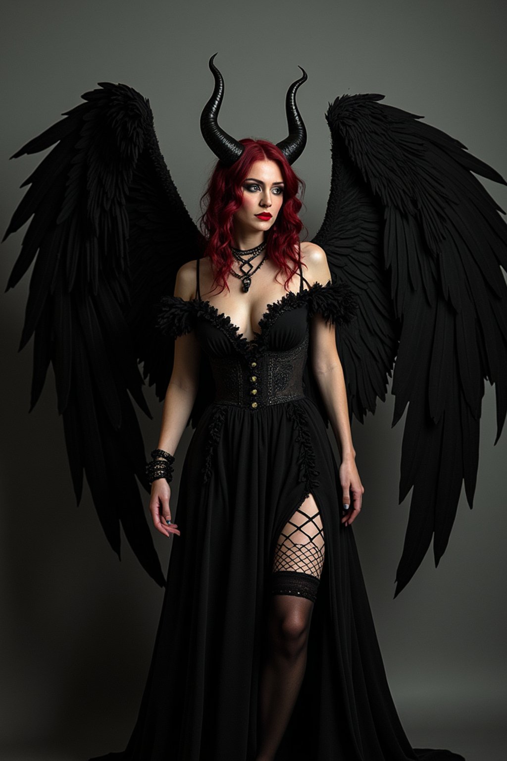 a woman dressed as an angel poses for a picture, dark angel, angel knight gothic girl, dark gothic dress, very sexy devil outfit, full body devil woman, gothic woman dressed in black and red, megan fox witch queen, raven winged female vampire, villainess has black angel wings, gothic outfit, tall female angel, gothic dress, fallen angel, winged woman angel, fishnet stockings