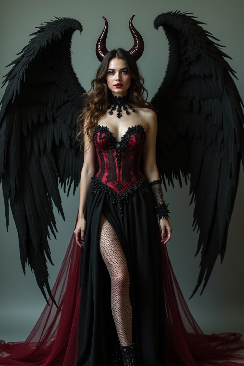 a woman dressed as an angel poses for a picture, dark angel, angel knight gothic girl, dark gothic dress, very sexy devil outfit, full body devil woman, gothic woman dressed in black and red, megan fox witch queen, raven winged female vampire, villainess has black angel wings, gothic outfit, tall female angel, gothic dress, fallen angel, winged woman angel, fishnet stockings