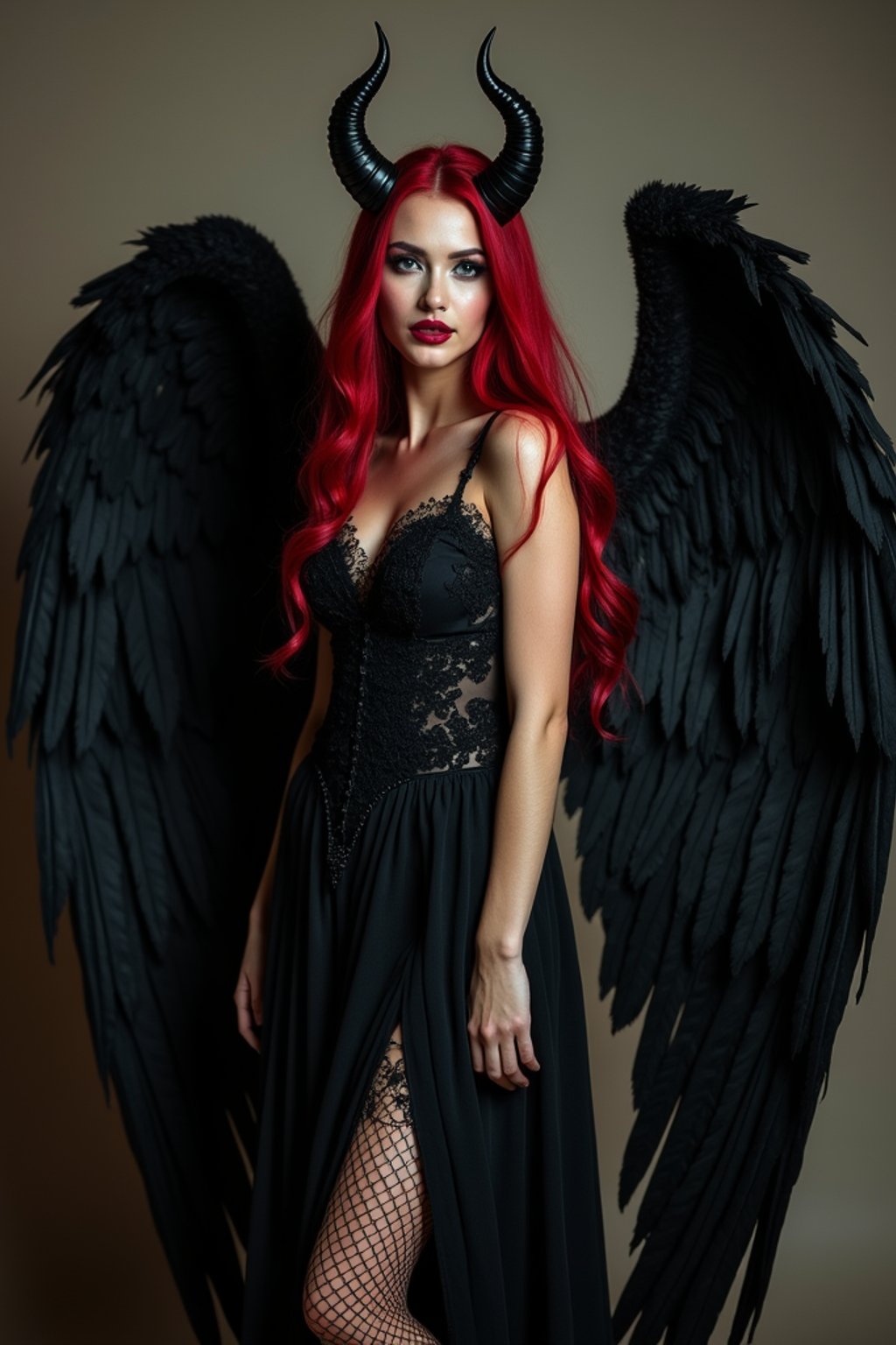 a woman dressed as an angel poses for a picture, dark angel, angel knight gothic girl, dark gothic dress, very sexy devil outfit, full body devil woman, gothic woman dressed in black and red, megan fox witch queen, raven winged female vampire, villainess has black angel wings, gothic outfit, tall female angel, gothic dress, fallen angel, winged woman angel, fishnet stockings