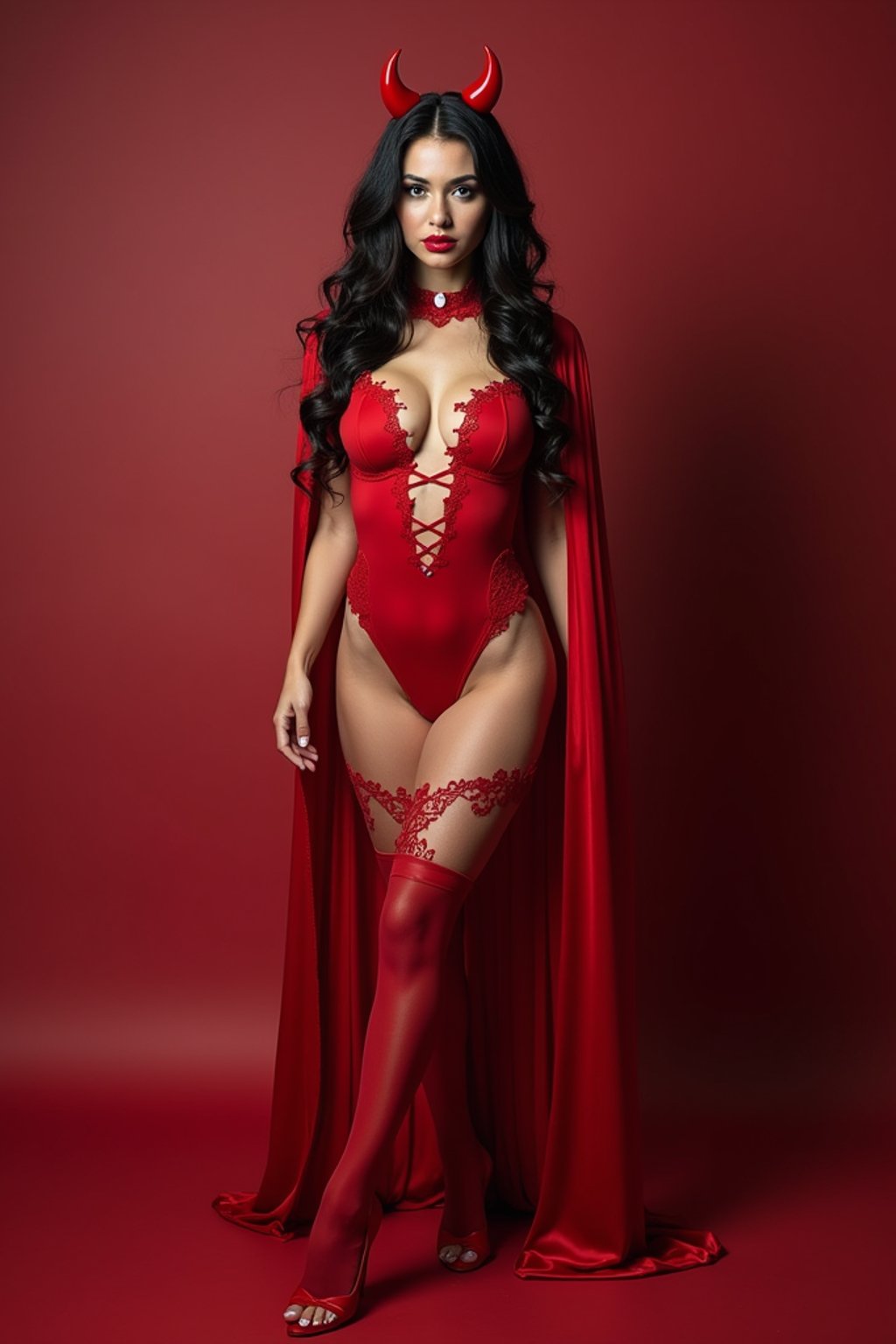 woman wearing (naughty halloween) (sexy halloween costume) red devil outfit posing for photo