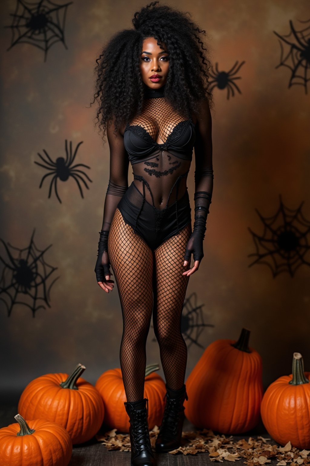 woman wearing (naughty halloween) (sexy halloween costume) (fishnet bodystockings) (halloween outfit), spooky outfit posing for photo, background is halloween pumpkins and spiderwebs