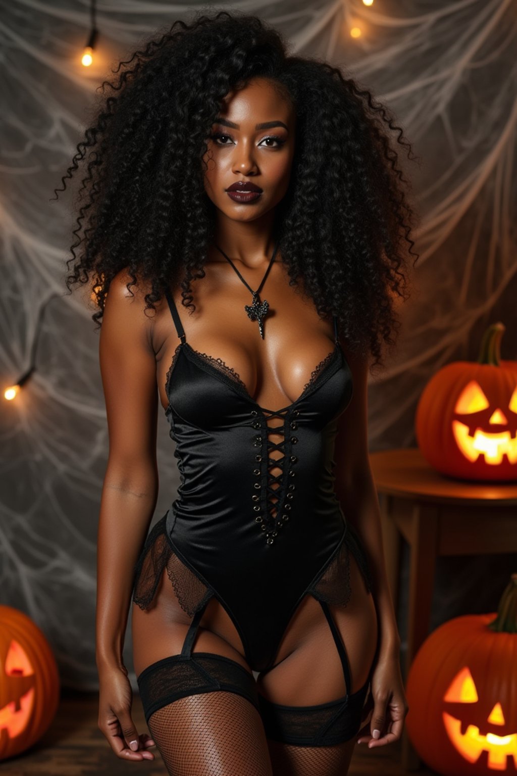 woman wearing (naughty halloween) (sexy halloween costume) (stockings) (halloween outfit), spooky outfit posing for photo, background is halloween pumpkins and spiderwebs