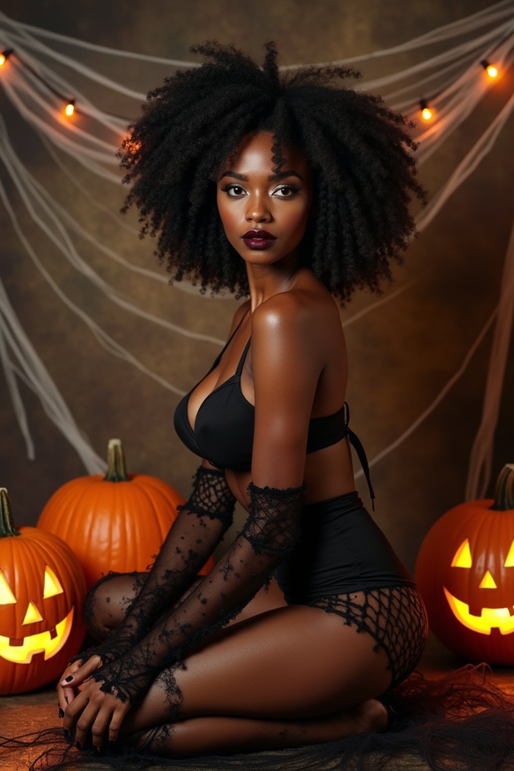 woman wearing (naughty halloween) (sexy halloween costume) (stockings) (halloween outfit), spooky outfit posing for photo, background is halloween pumpkins and spiderwebs