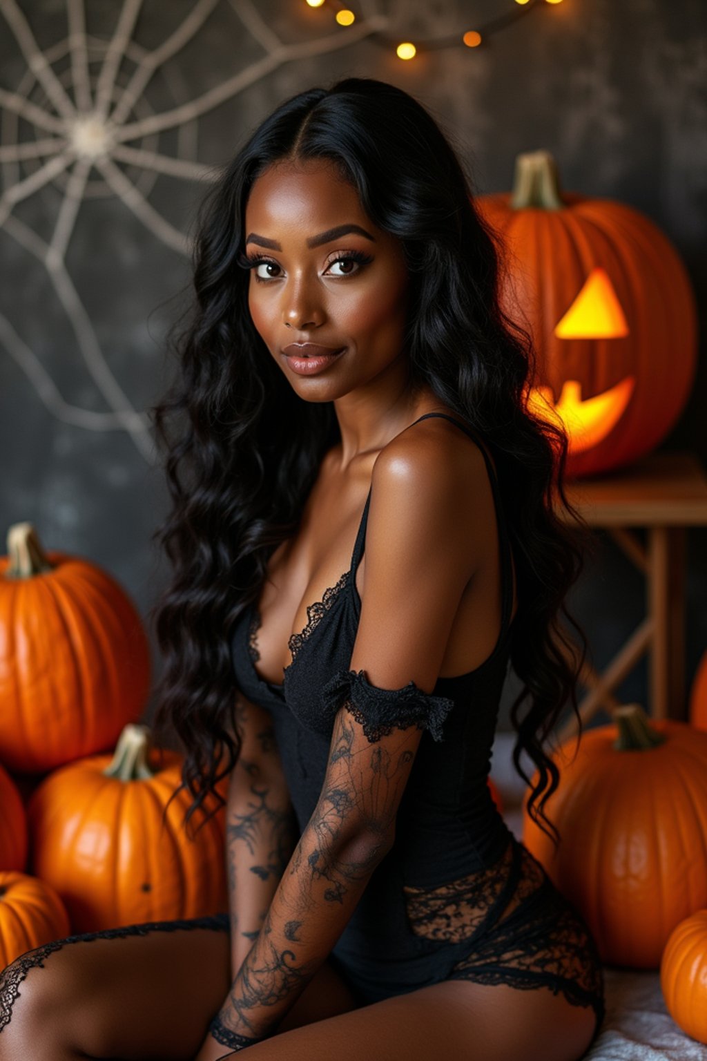 woman wearing (naughty halloween) (sexy halloween costume) (halloween outfit), spooky outfit posing for photo, background is halloween pumpkins and spiderwebs