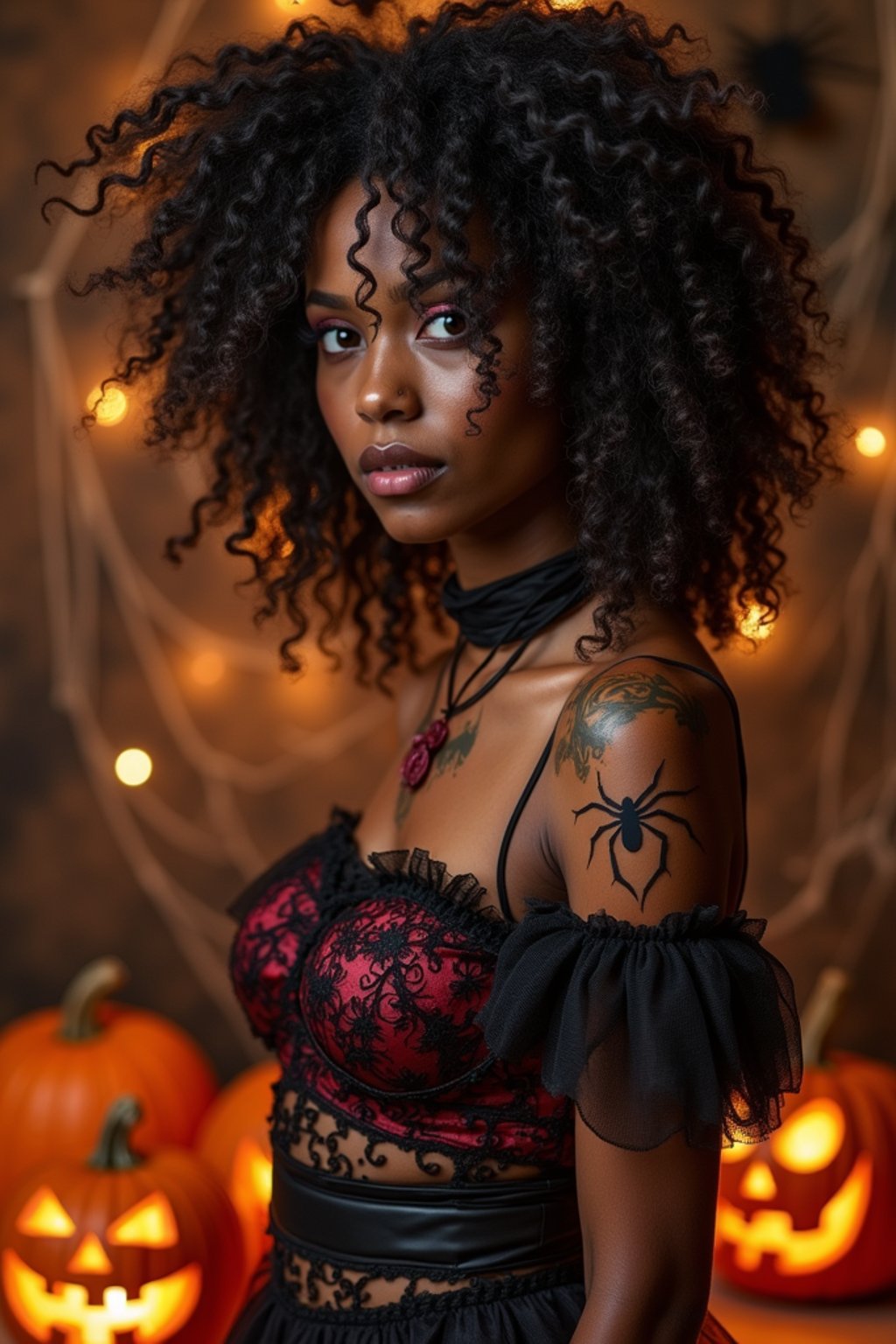 woman wearing (naughty halloween) (sexy halloween costume) (halloween outfit), spooky outfit posing for photo, background is halloween pumpkins and spiderwebs