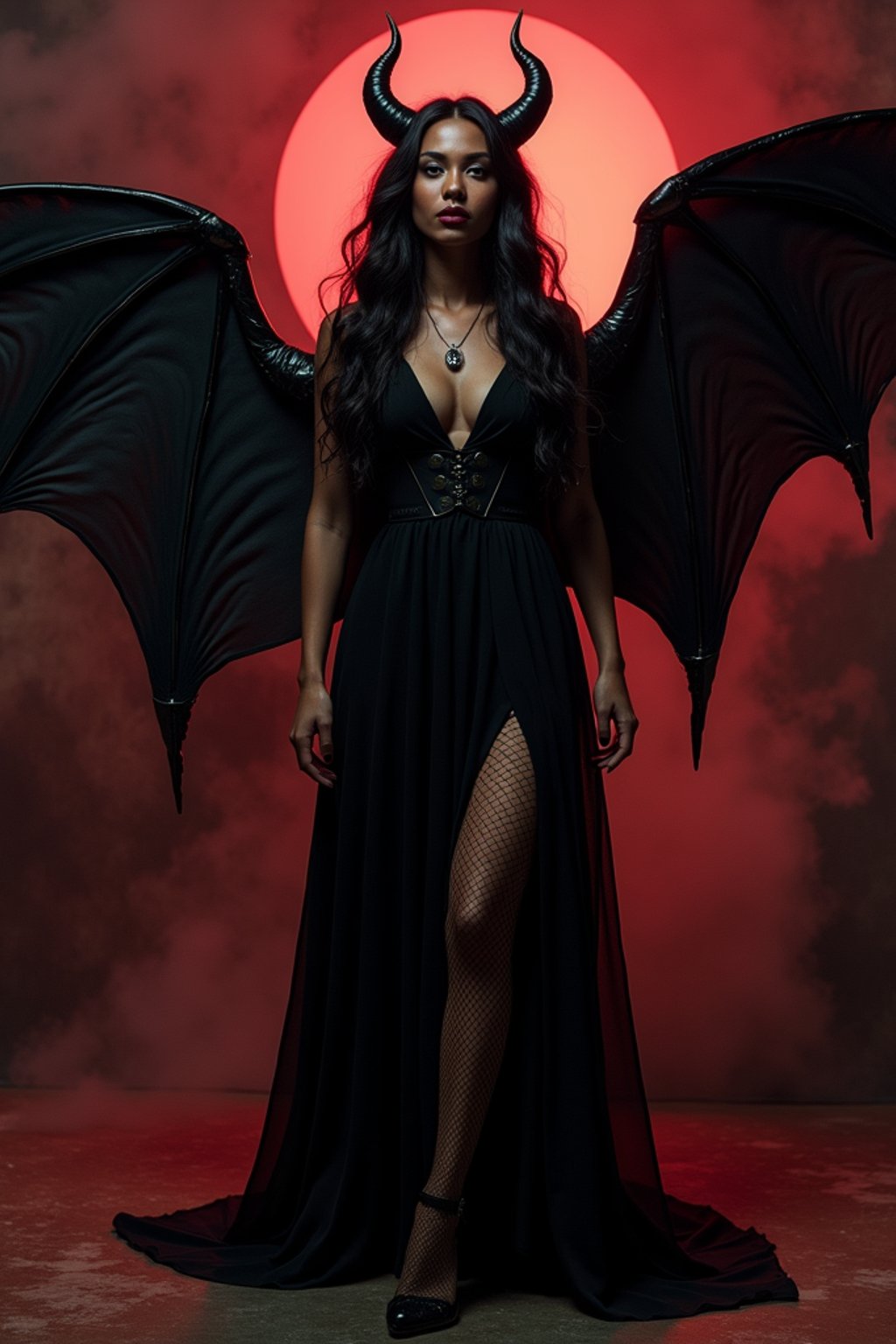 a woman dressed as an angel poses for a picture, dark angel, angel knight gothic girl, dark gothic dress, very sexy devil outfit, full body devil woman, gothic woman dressed in black and red, megan fox witch queen, raven winged female vampire, villainess has black angel wings, gothic outfit, tall female angel, gothic dress, fallen angel, winged woman angel, fishnet stockings