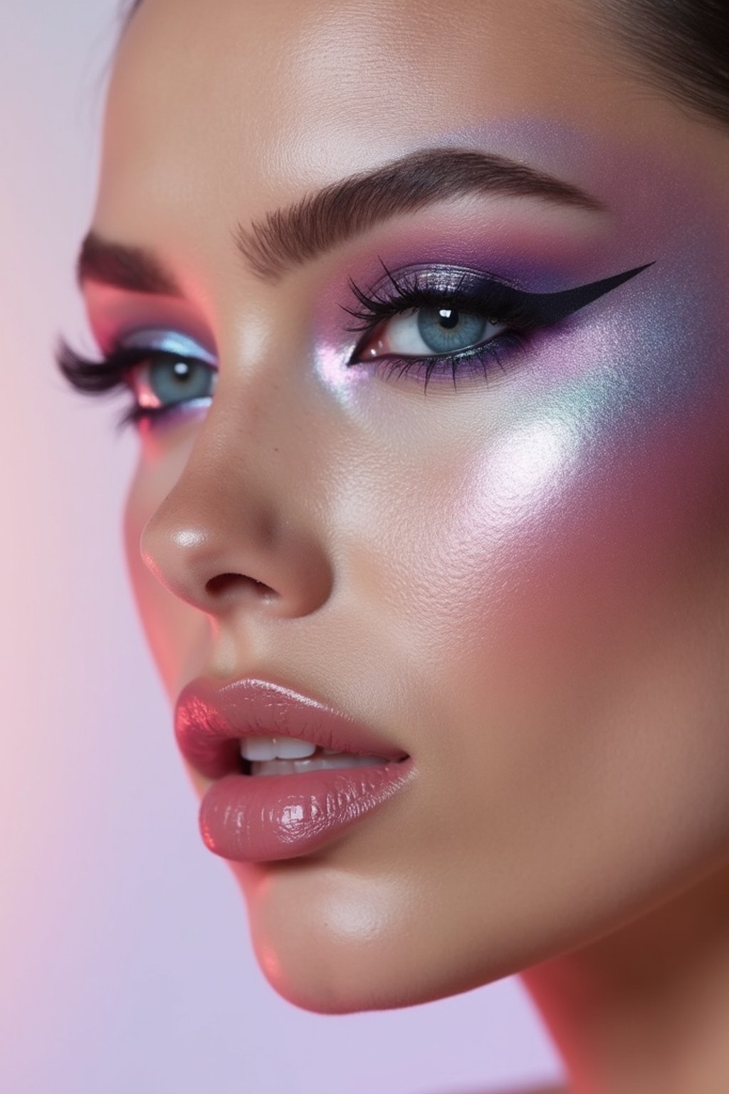 close-up of Futuristic makeup with metallic eyeshadow and sharp contouring. set against a soft, pastel background