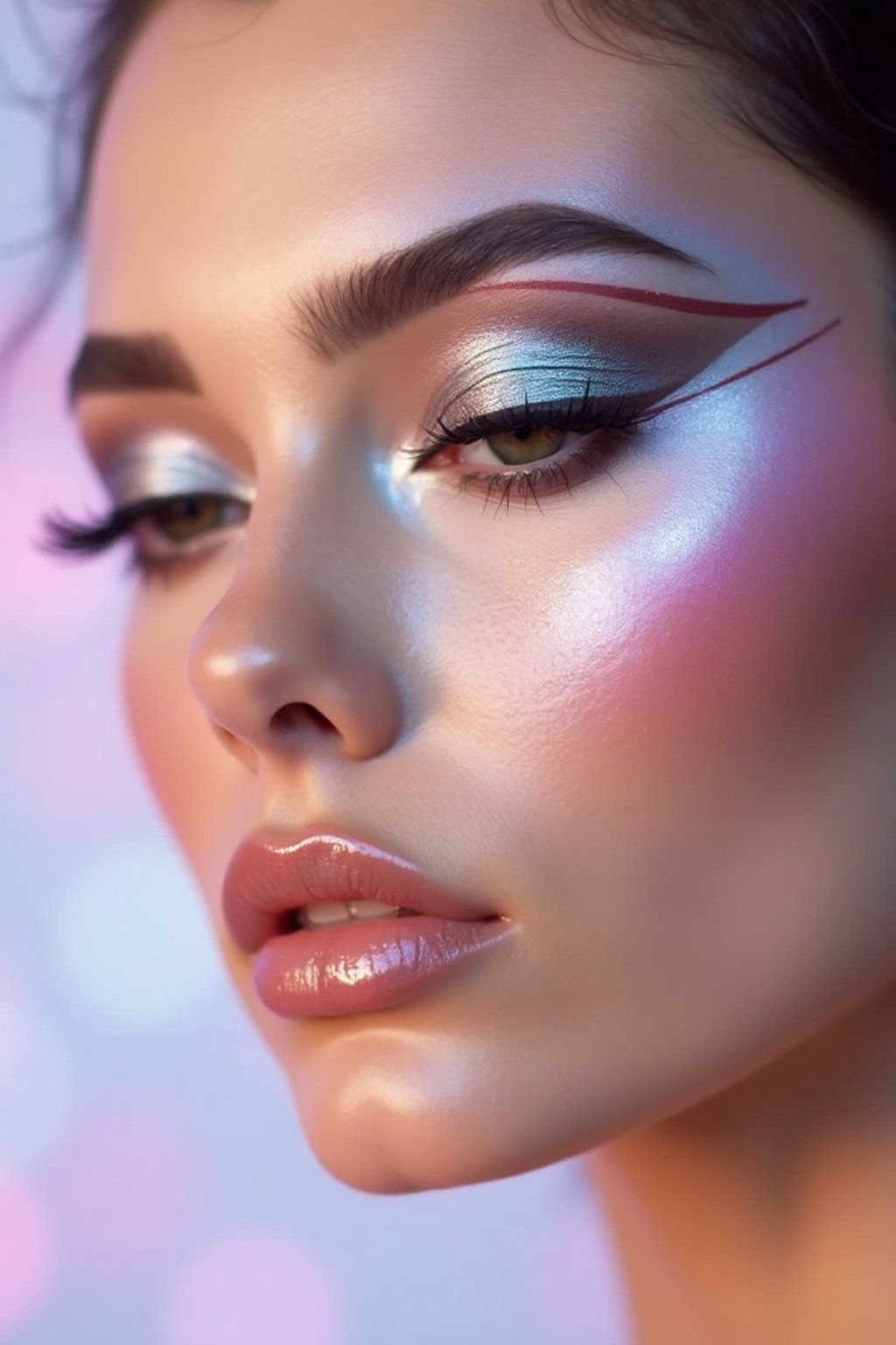 close-up of Futuristic makeup with metallic eyeshadow and sharp contouring. set against a soft, pastel background