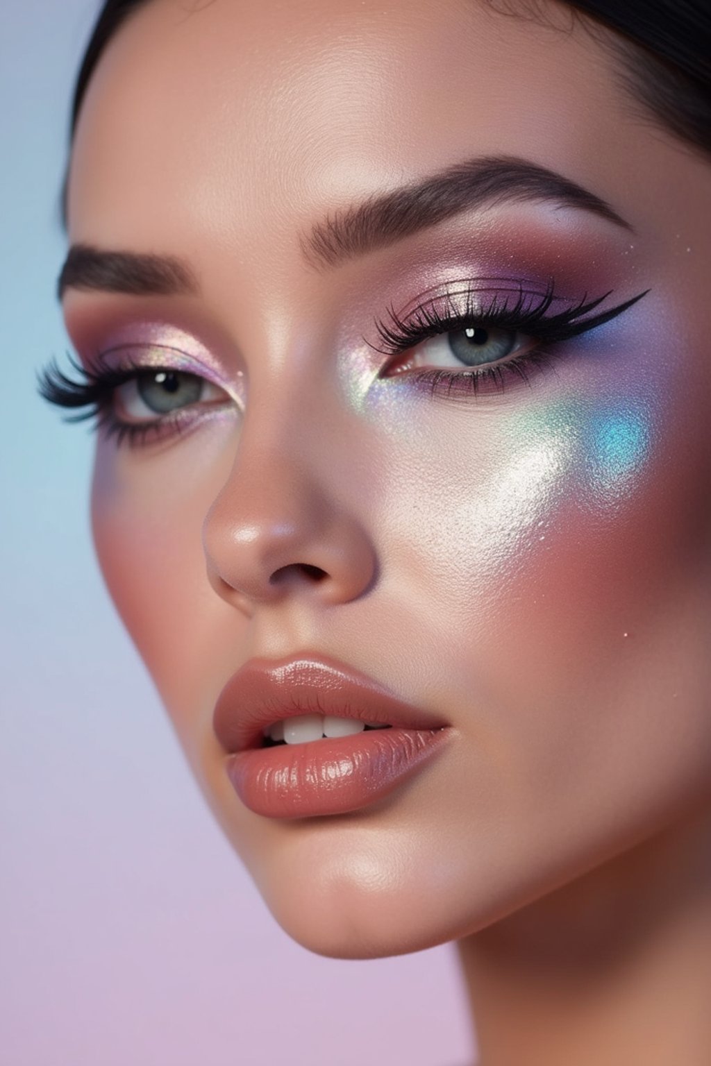 close-up of Futuristic makeup with metallic eyeshadow and sharp contouring. set against a soft, pastel background