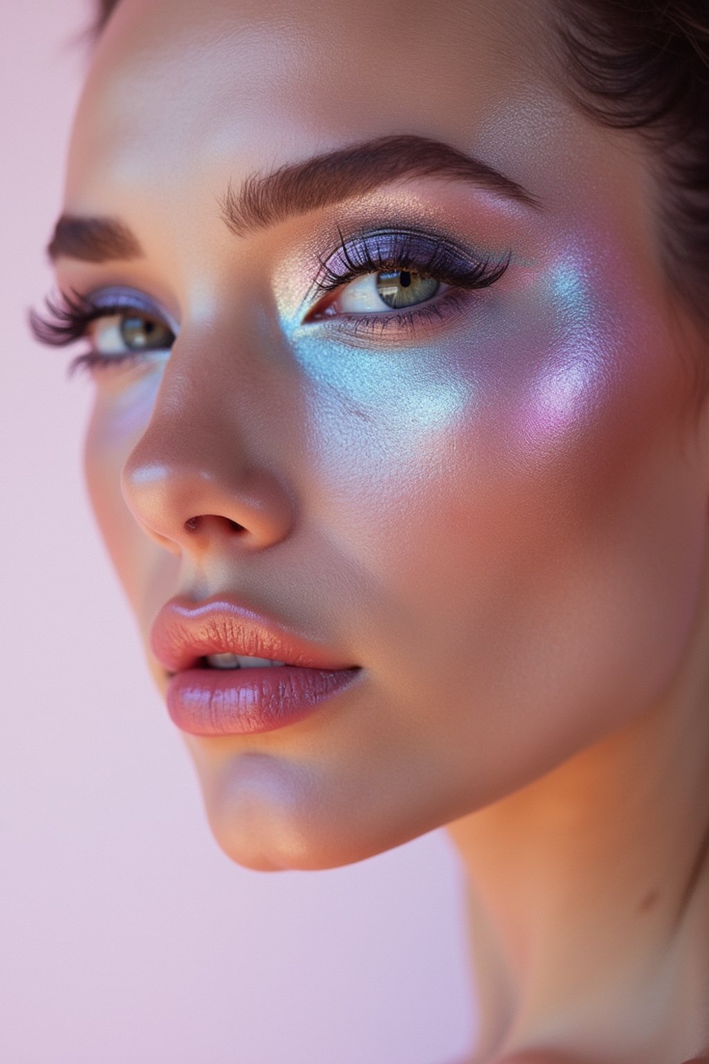 close-up of Futuristic makeup with metallic eyeshadow and sharp contouring. set against a soft, pastel background