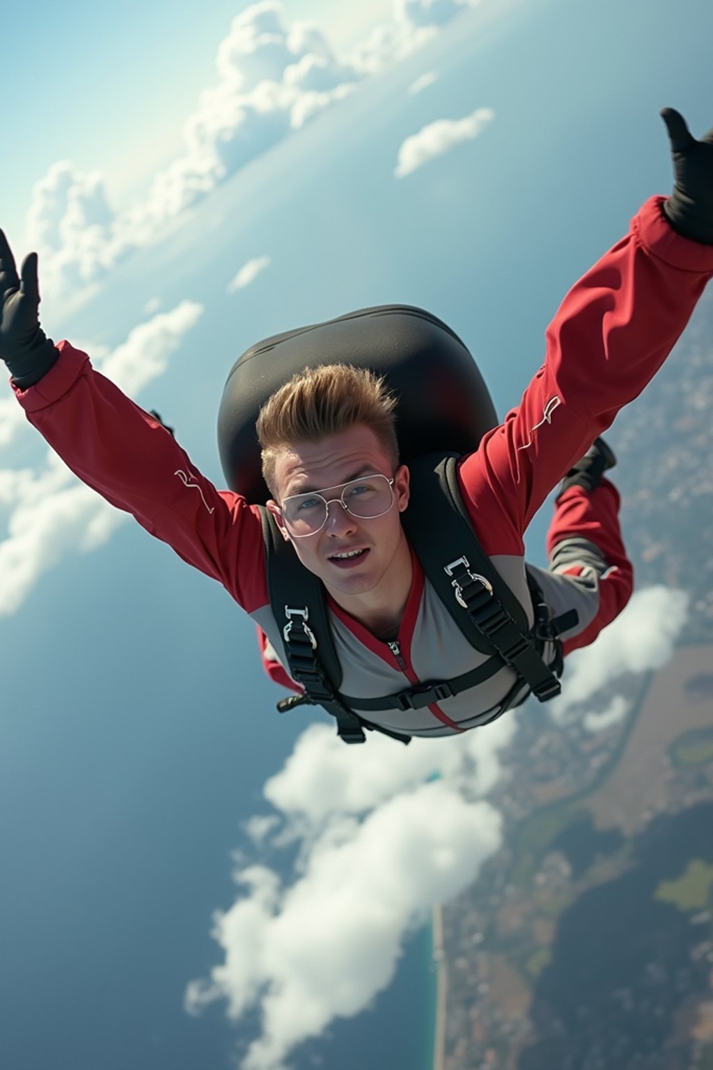 wide shot man skydiving in the air