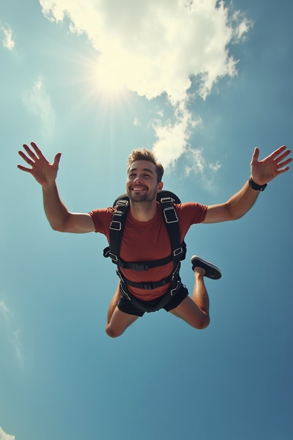 wide shot man skydiving in the air