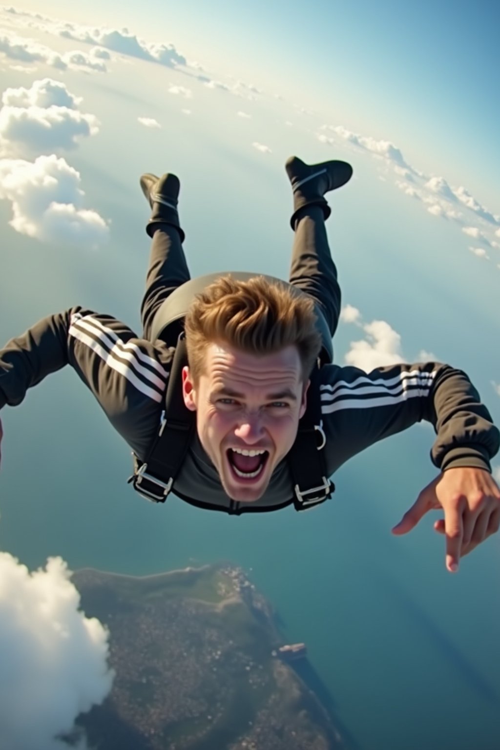 wide shot man skydiving in the air