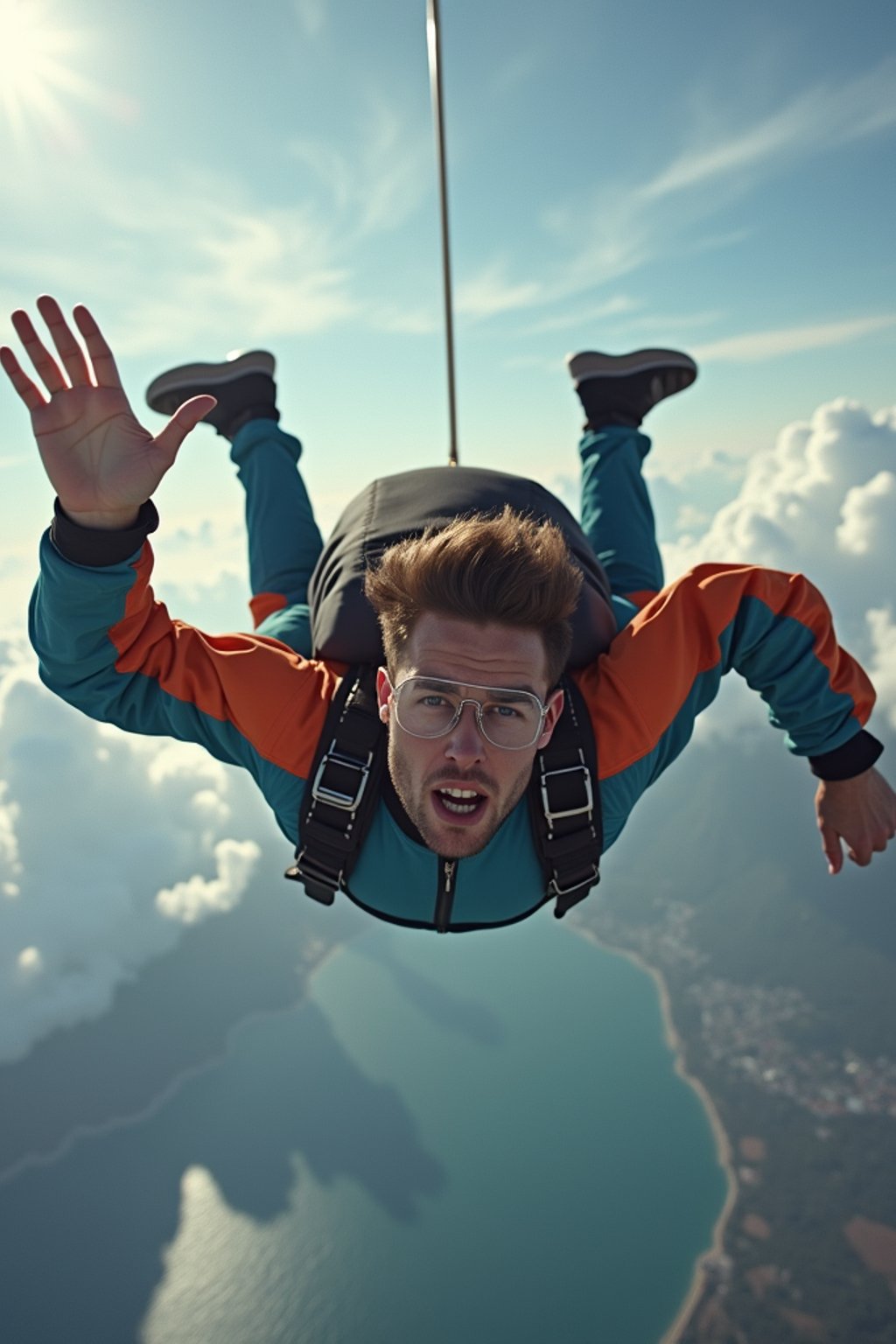 wide shot man skydiving in the air