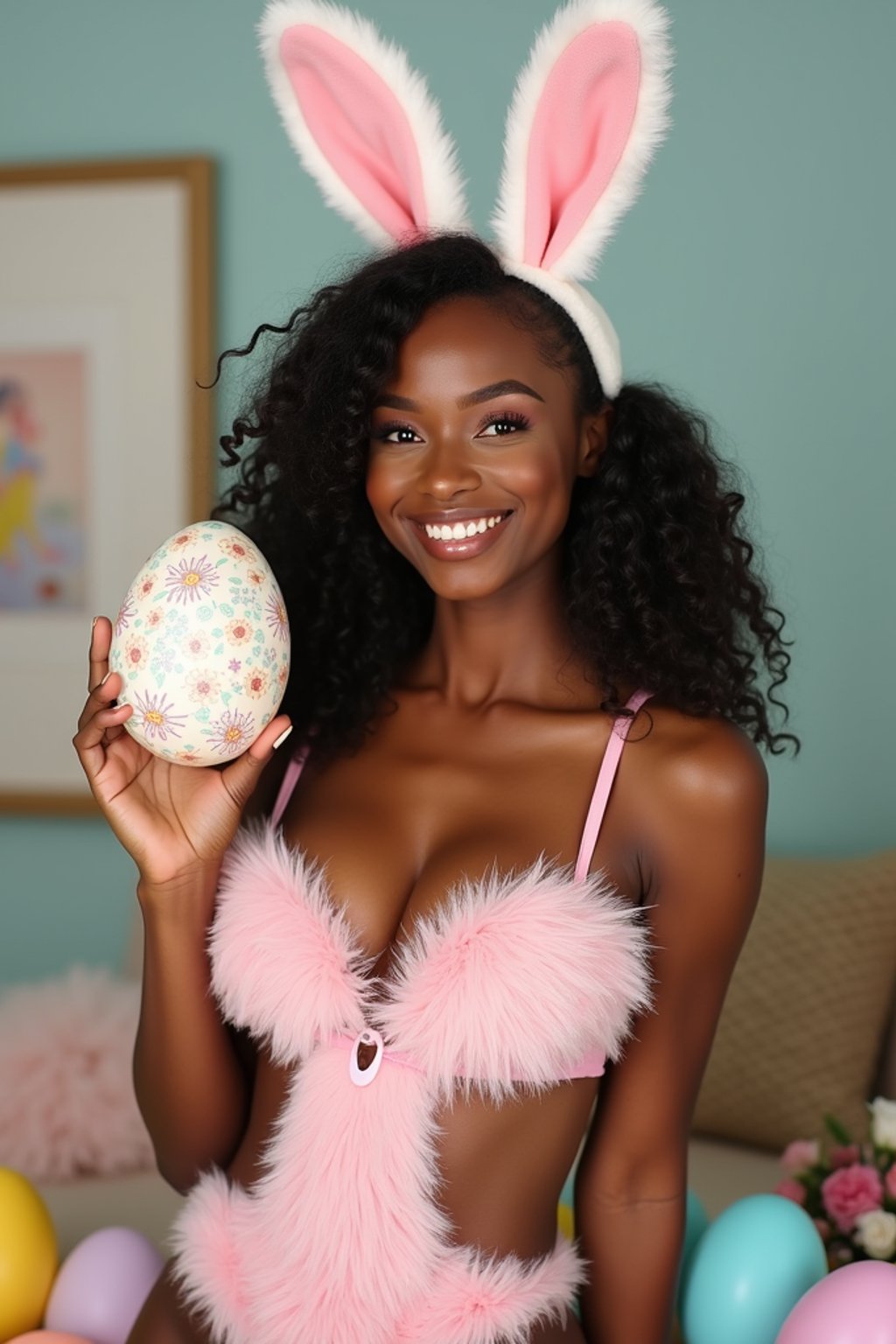 A woman dressed in a cute and seductive bunny outfit, holding an oversized Easter egg and posing with playful Easter decorations.