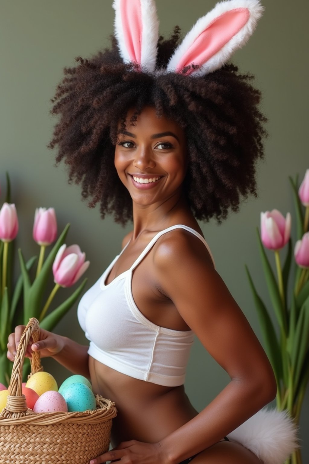 Model wearing (naughty bunny) (sexy Easter costume) with a fluffy tail, posing next to an Easter basket full of colorful eggs, with flowers and spring greenery in the background.