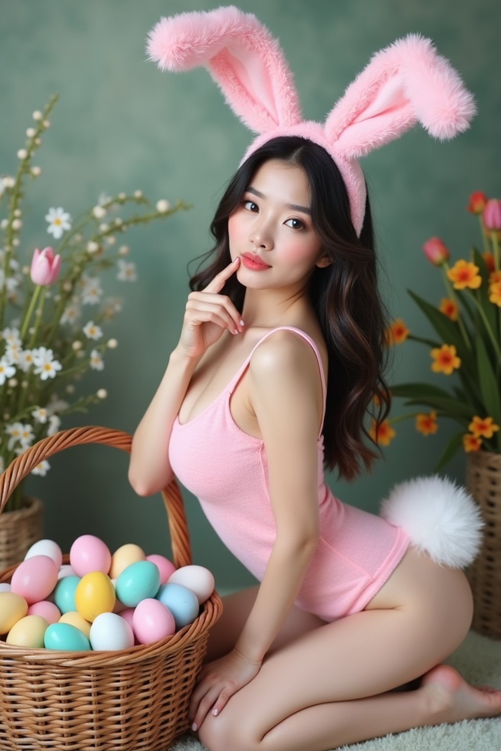 Model wearing (naughty bunny) (sexy Easter costume) with a fluffy tail, posing next to an Easter basket full of colorful eggs, with flowers and spring greenery in the background.