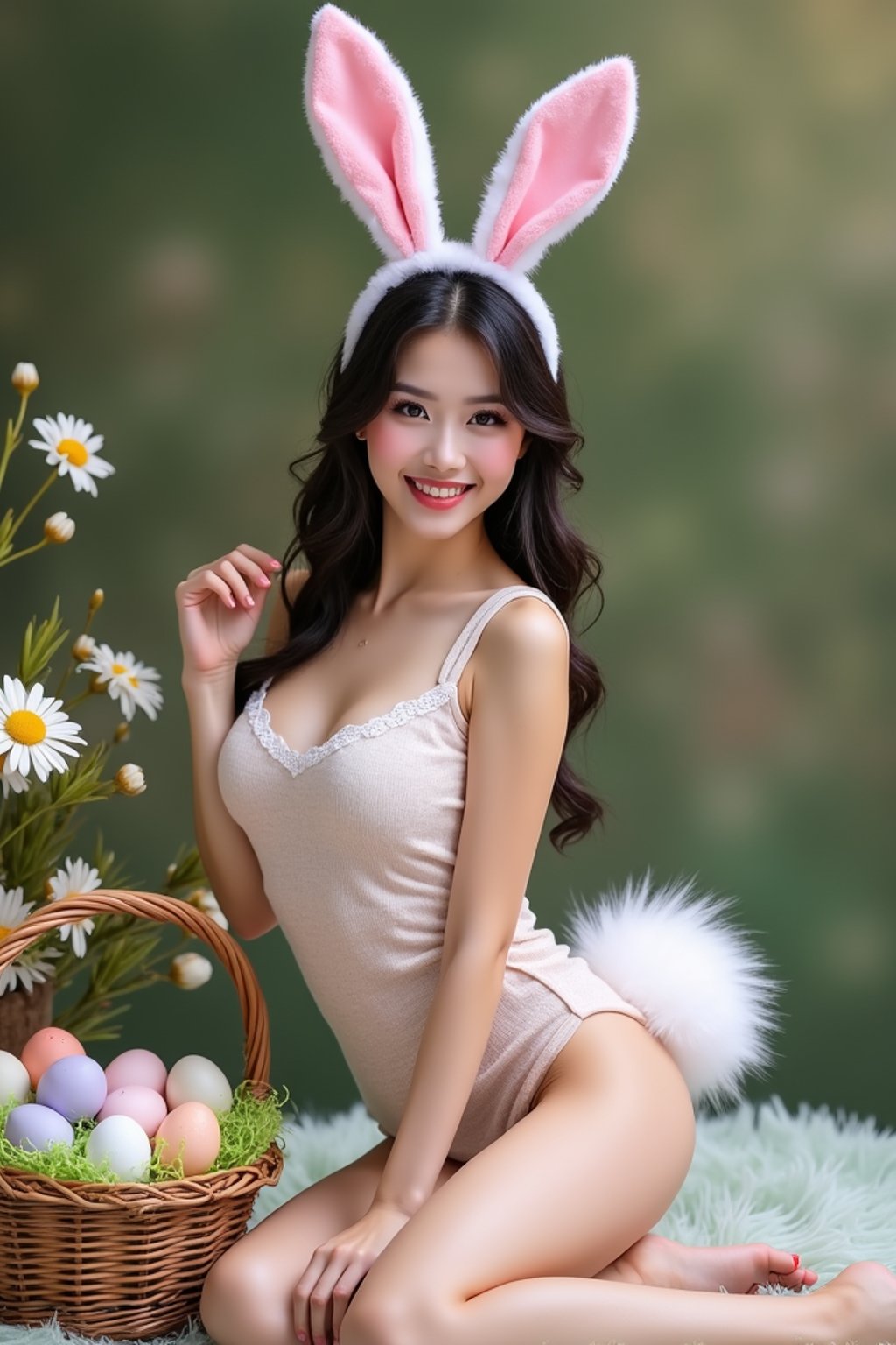 Model wearing (naughty bunny) (sexy Easter costume) with a fluffy tail, posing next to an Easter basket full of colorful eggs, with flowers and spring greenery in the background.