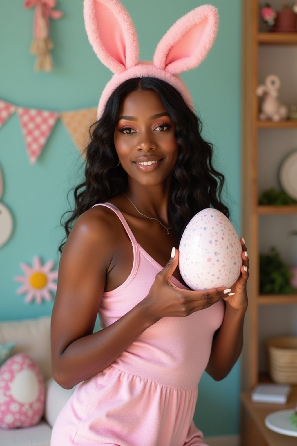 A woman dressed in a cute and seductive bunny outfit, holding an oversized Easter egg and posing with playful Easter decorations.