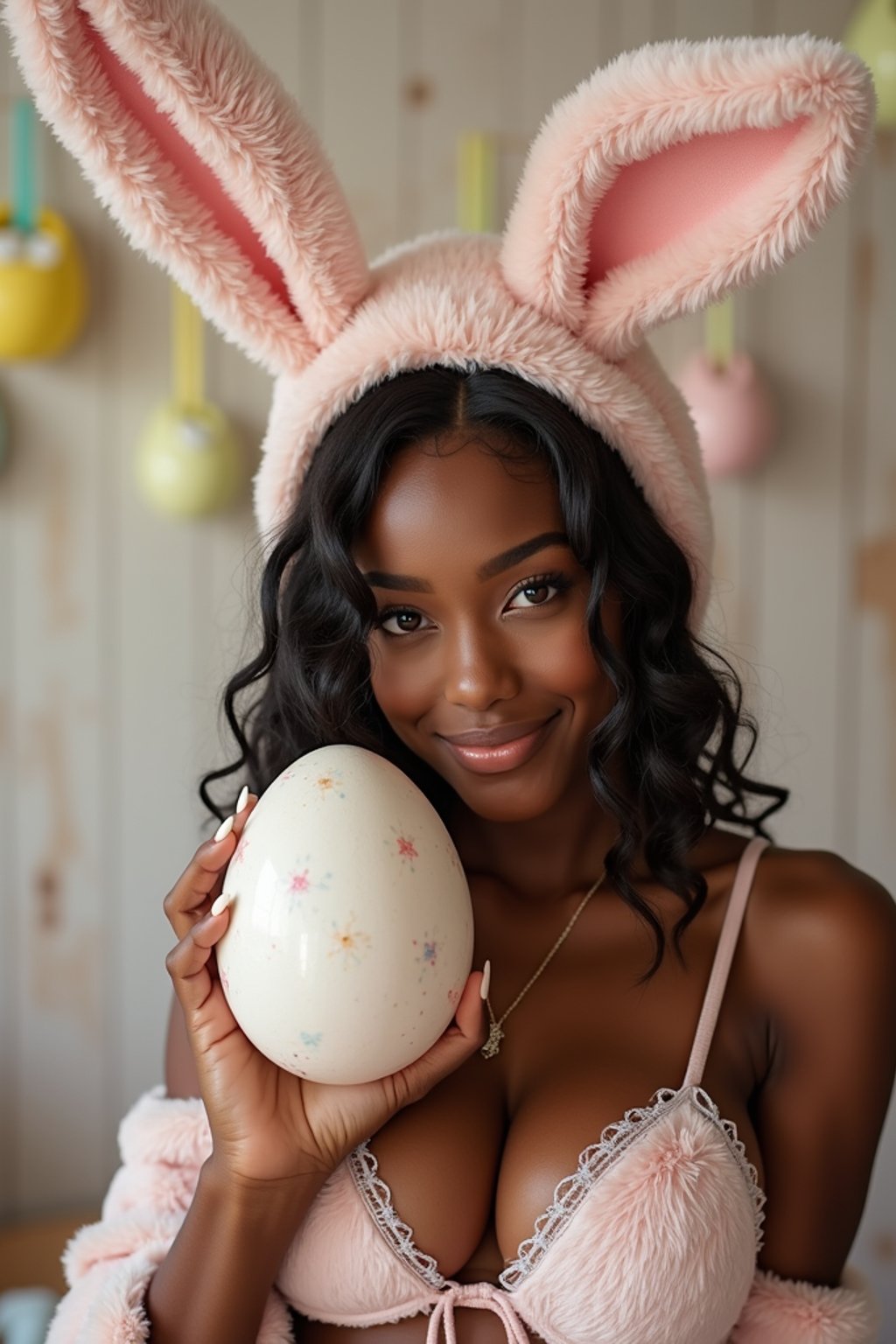A woman dressed in a cute and seductive bunny outfit, holding an oversized Easter egg and posing with playful Easter decorations.