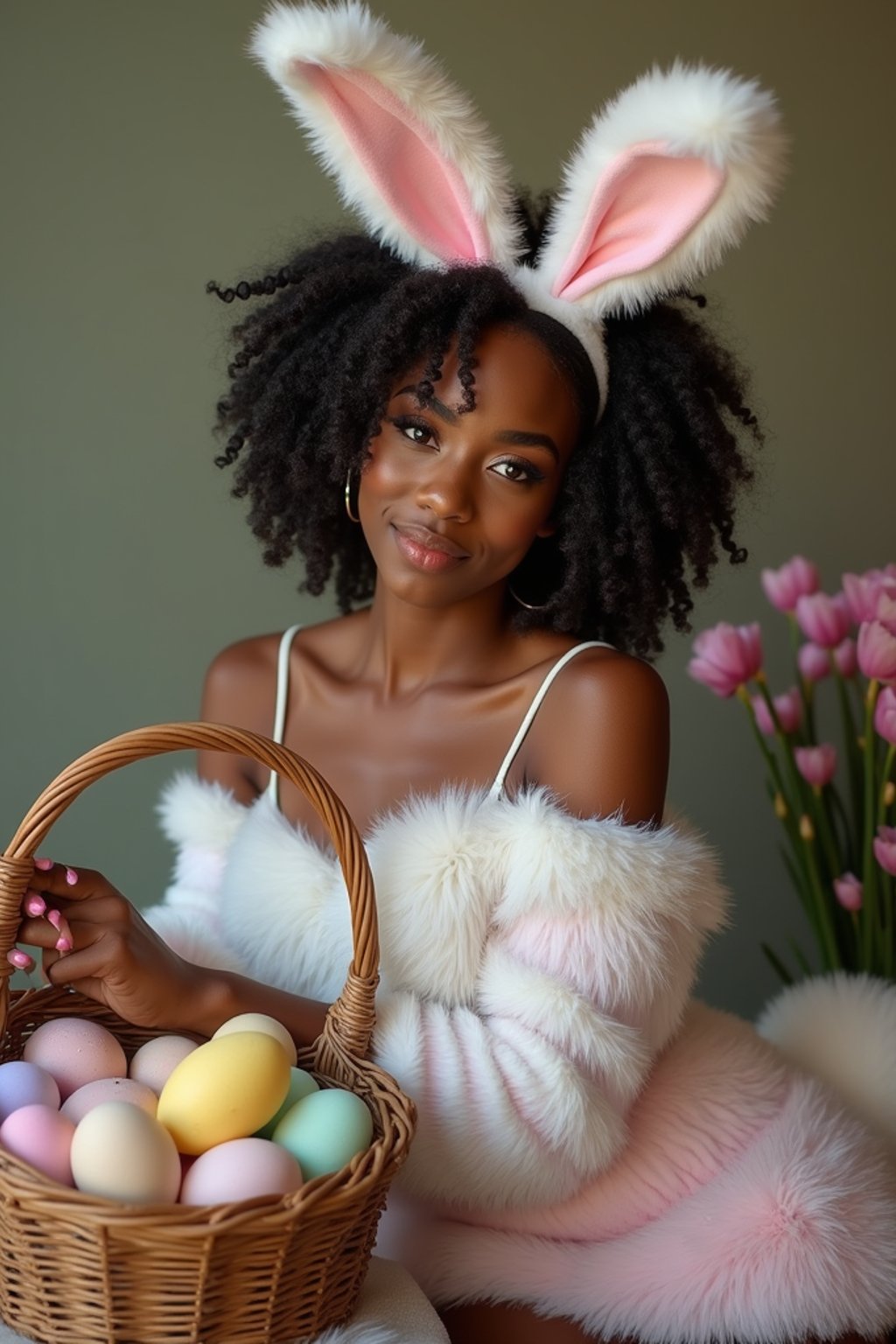 Model wearing (naughty bunny) (sexy Easter costume) with a fluffy tail, posing next to an Easter basket full of colorful eggs, with flowers and spring greenery in the background.