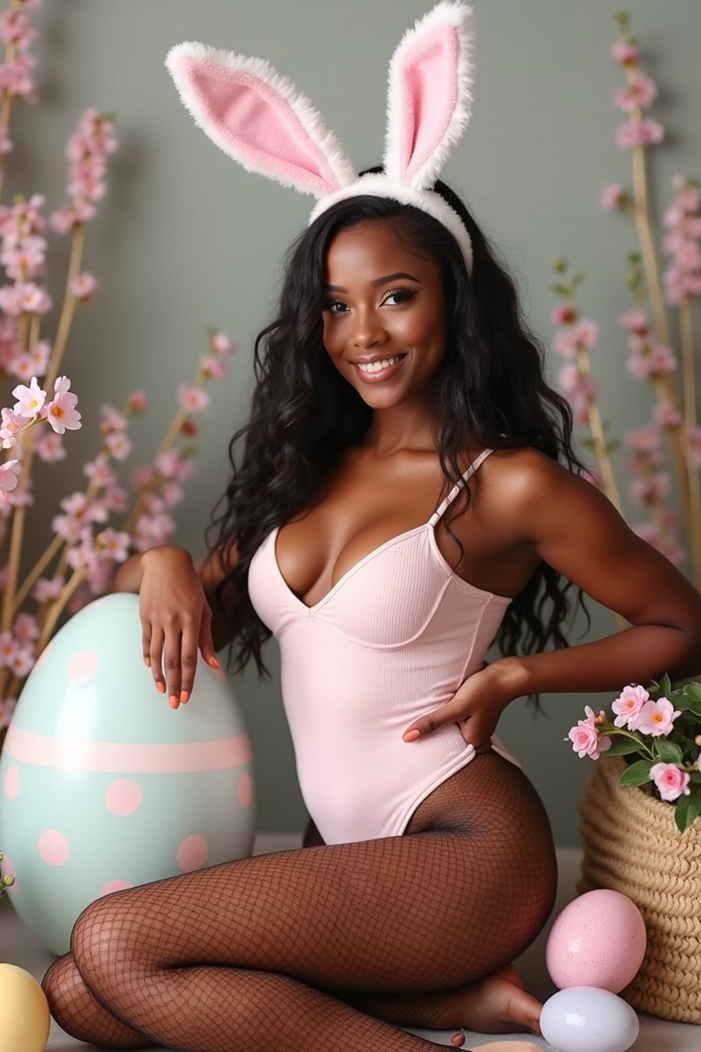 A woman wearing a tight pastel-colored bodysuit, bunny ears, and fishnet stockings. She is posed next to a large Easter egg display and a bed of spring flowers. The setting suggests a playful and flirty Easter-themed photoshoot.