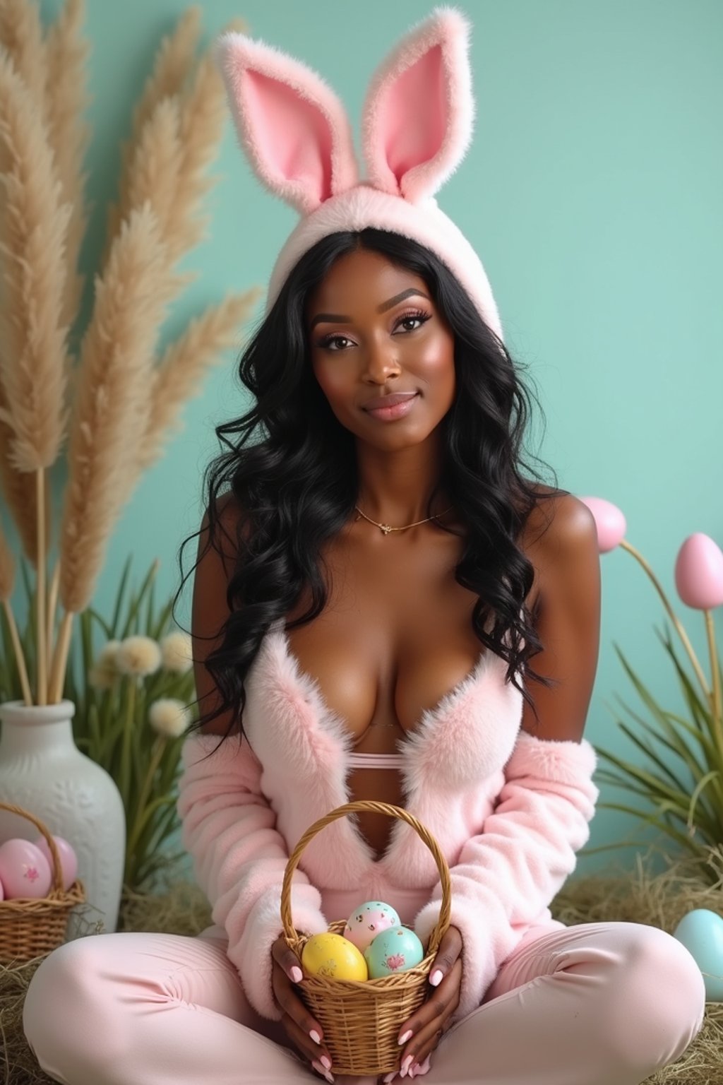 A woman dressed in a revealing bunny costume, posing with a basket of Easter eggs and surrounded by pastel-colored Easter decorations. The background features Easter grass, decorated eggs, and a bright, cheerful ambiance.
