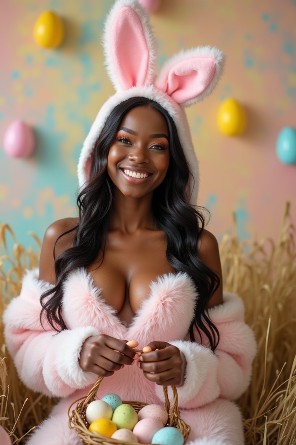 A woman dressed in a revealing bunny costume, posing with a basket of Easter eggs and surrounded by pastel-colored Easter decorations. The background features Easter grass, decorated eggs, and a bright, cheerful ambiance.
