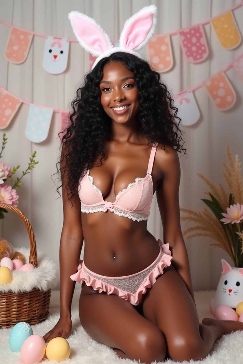 Model wearing a sexy bunny outfit, complete with bunny ears, a fluffy tail, and a pastel-colored lingerie set. She's posed in a playful Easter setting with painted eggs, spring flowers, and a basket of Easter treats. The backdrop features soft, pastel decorations with bunny-themed accents.