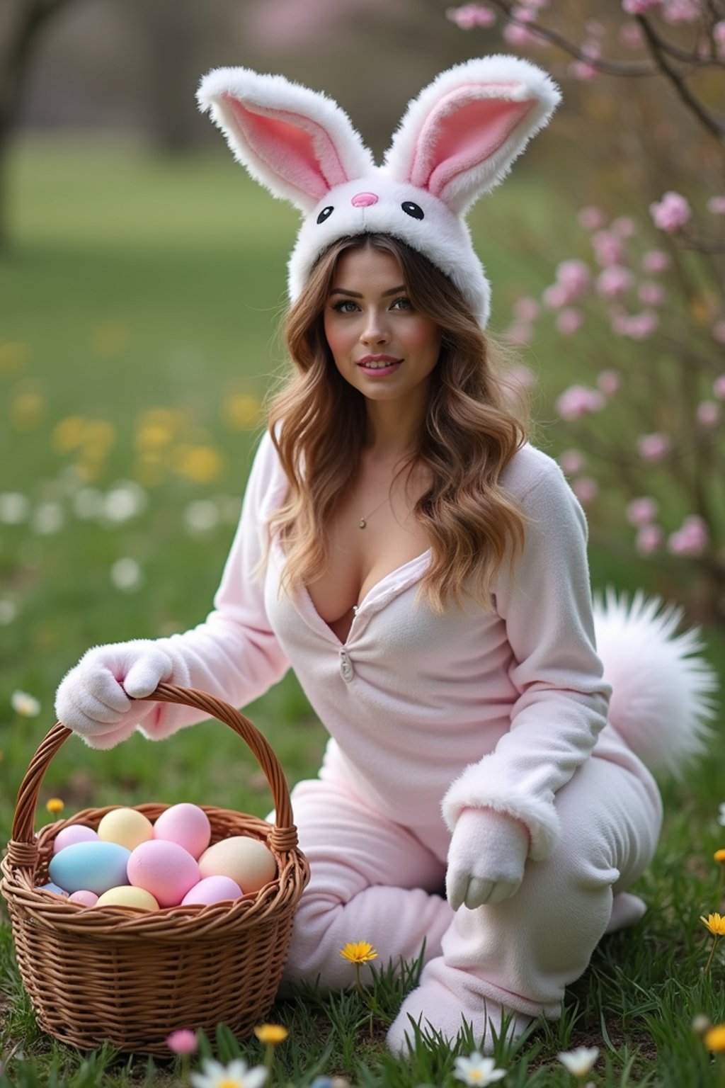 Model wearing (naughty bunny) (sexy Easter costume) with a fluffy tail, posing next to an Easter basket full of colorful eggs, with flowers and spring greenery in the background.