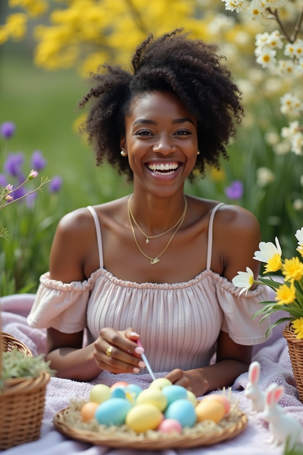 A woman having a fun Easter picnic, with decorated eggs, baskets, and spring flowers in the background.