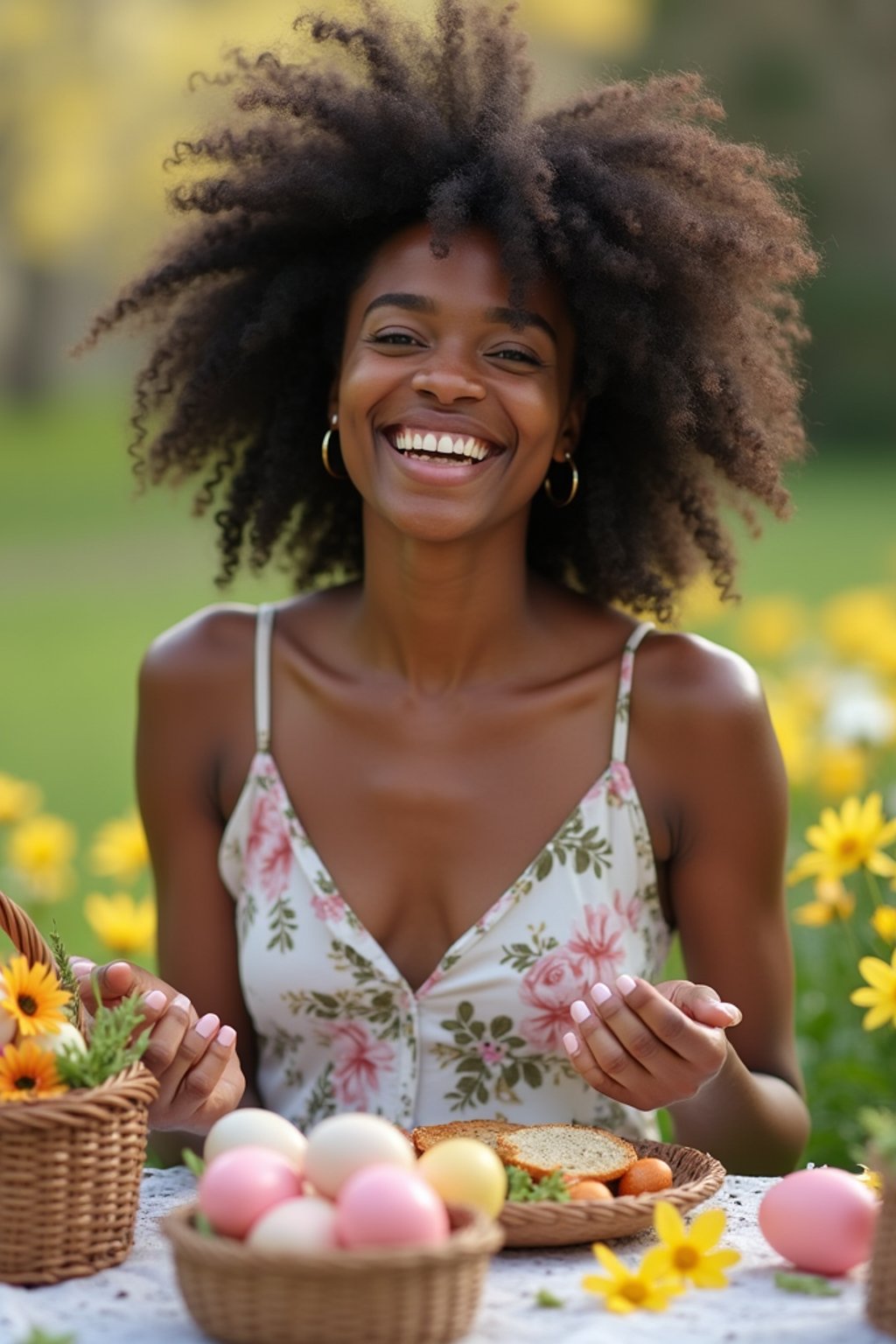 A woman having a fun Easter picnic, with decorated eggs, baskets, and spring flowers in the background.