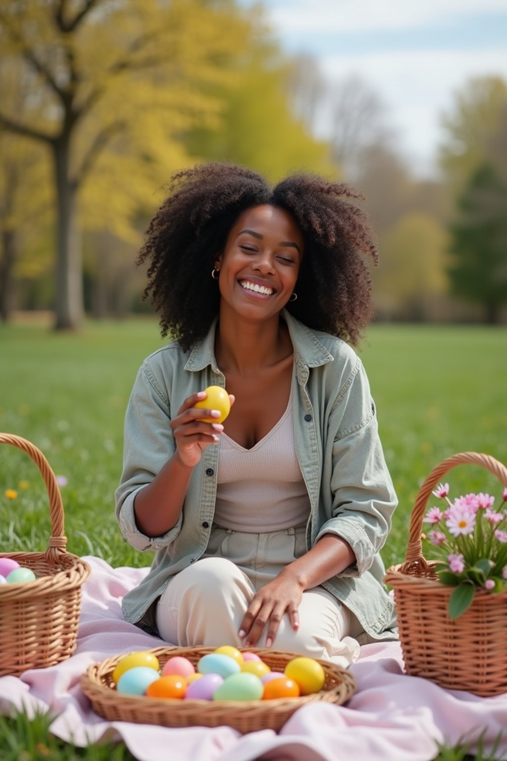 A woman having a fun Easter picnic, with decorated eggs, baskets, and spring flowers in the background.