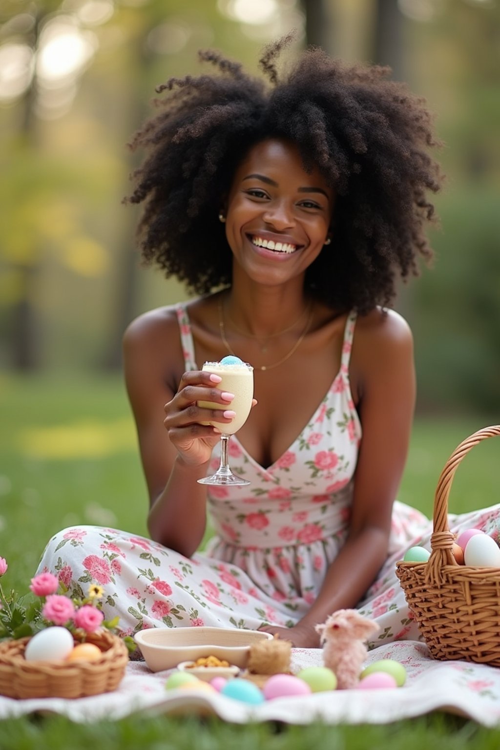 A woman having a fun Easter picnic, with decorated eggs, baskets, and spring flowers in the background.