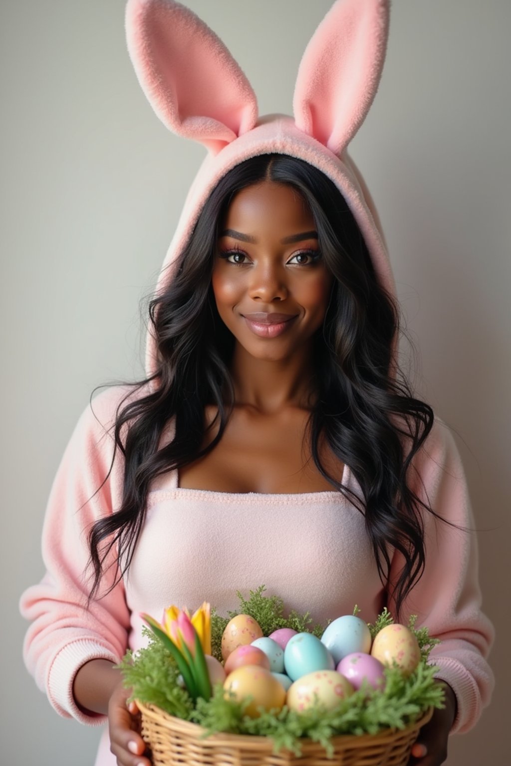 Model dressed in a cute bunny costume with pastel-colored ears, posing next to a basket of decorated Easter eggs and spring flowers.