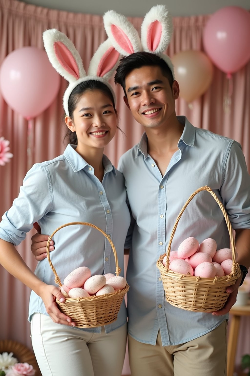 A man wearing bunny ears and posing together with their Easter baskets in front of a festive backdrop filled with spring flowers and pastel decorations.