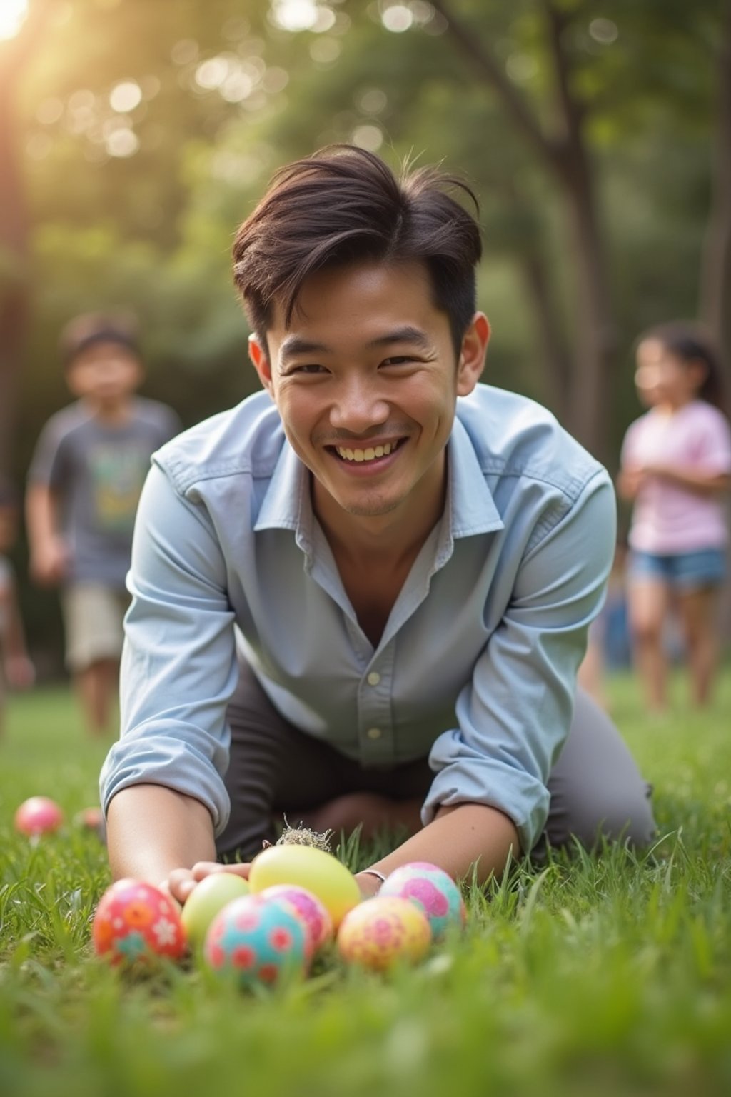 A man having an Easter egg hunt, with children searching for hidden eggs in a beautiful garden setting.