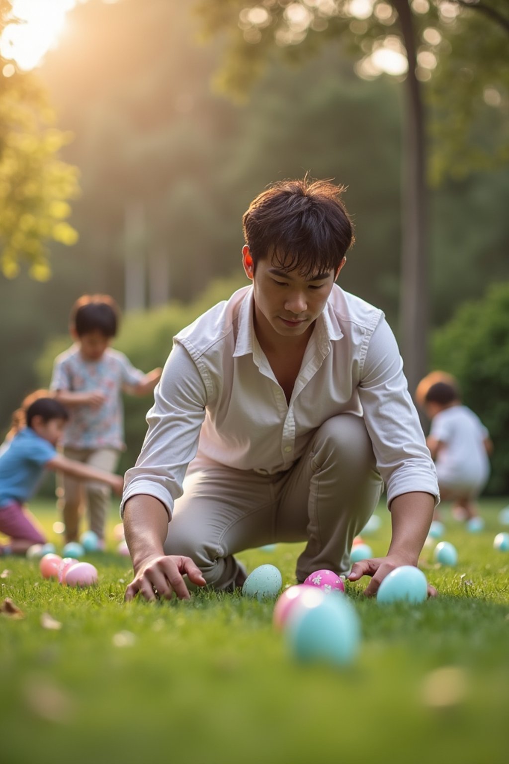 A man having an Easter egg hunt, with children searching for hidden eggs in a beautiful garden setting.