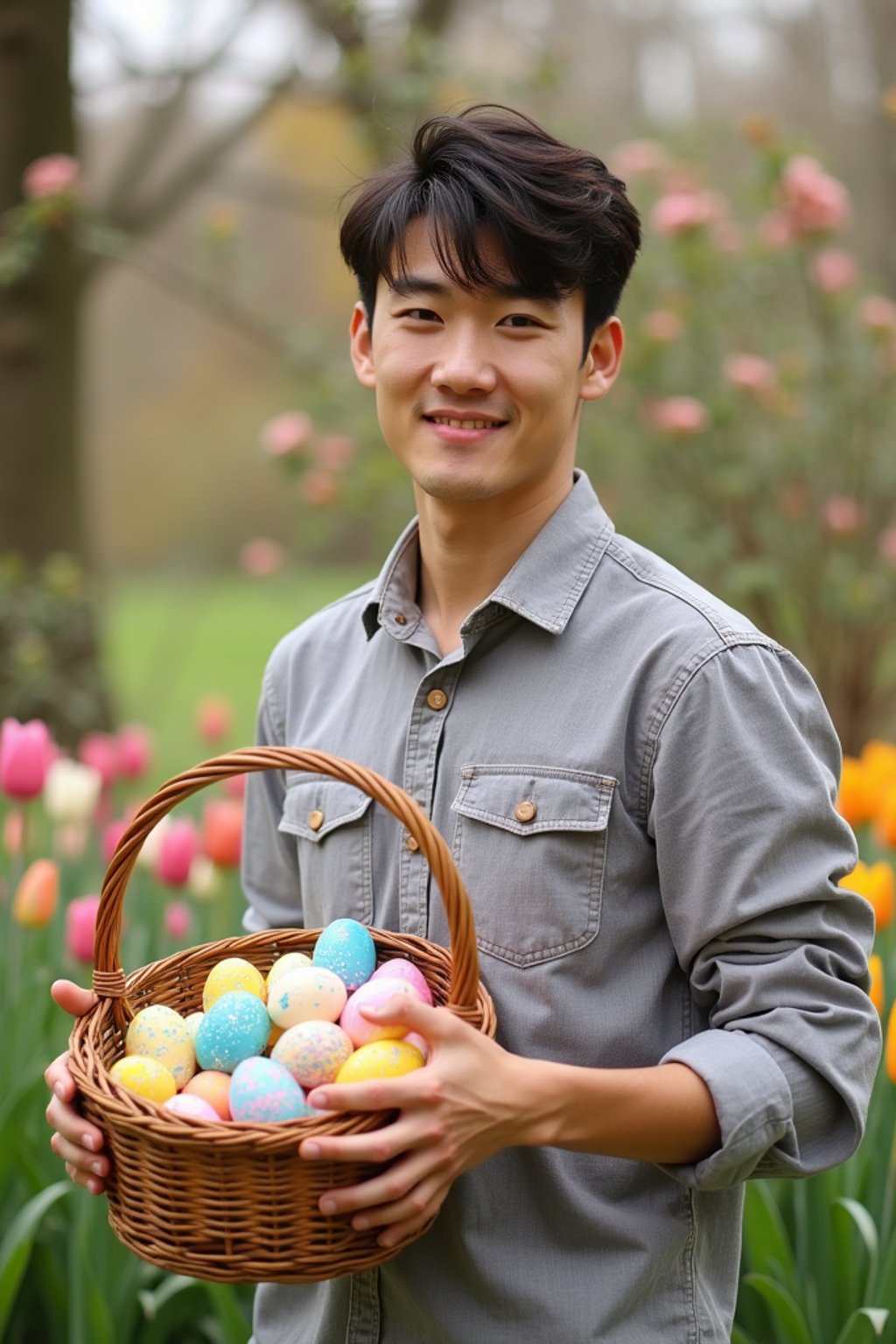 A man holding a basket filled with colorful Easter eggs, standing in a vibrant garden full of spring blooms.