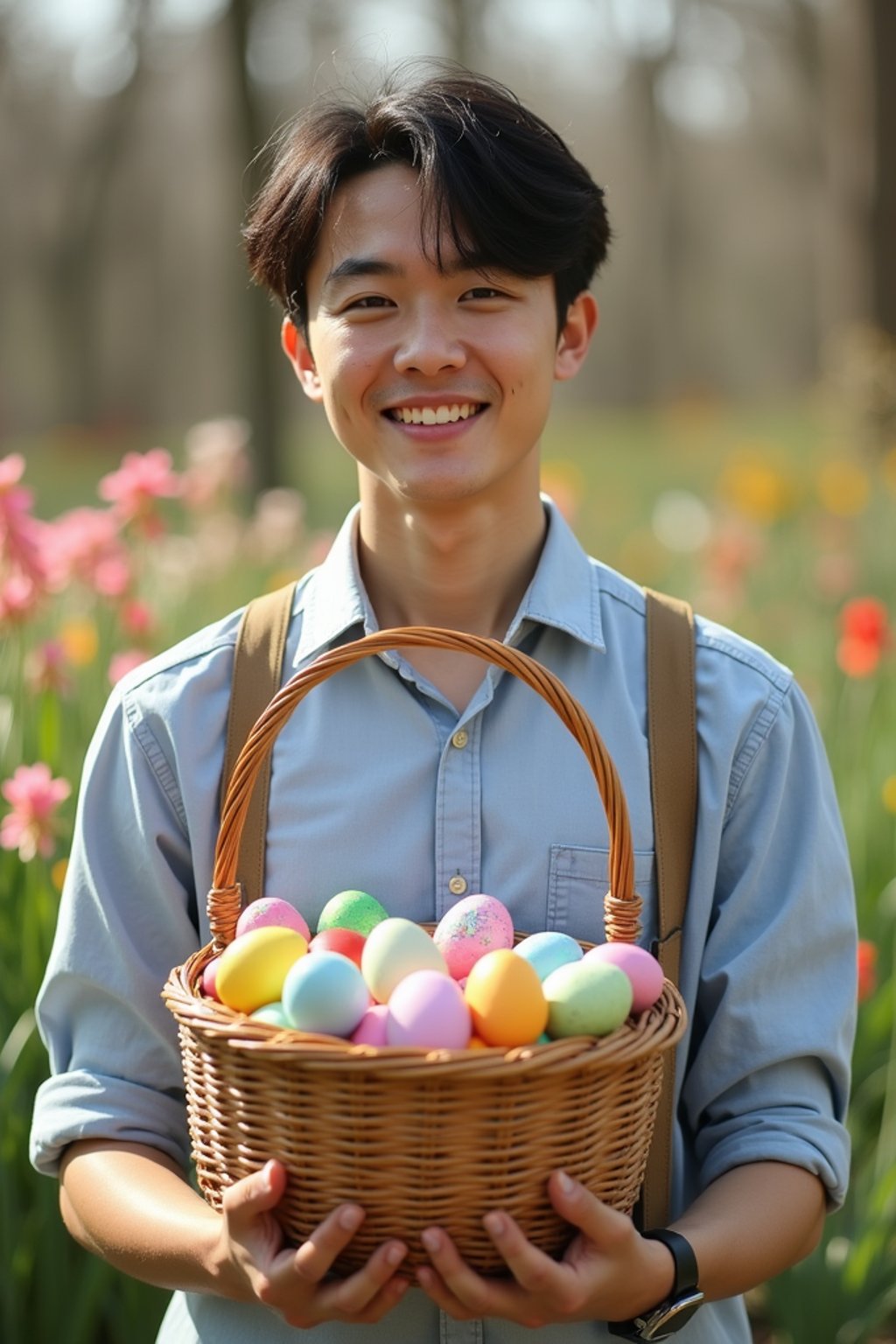 A man holding a basket filled with colorful Easter eggs, standing in a vibrant garden full of spring blooms.