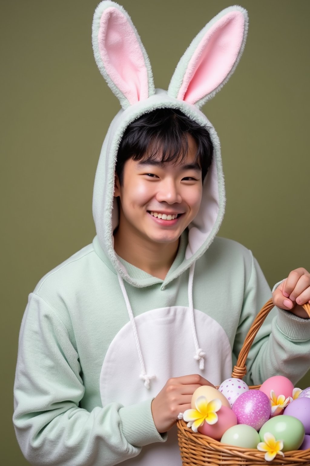 Model dressed in a cute bunny costume with pastel-colored ears, posing next to a basket of decorated Easter eggs and spring flowers.