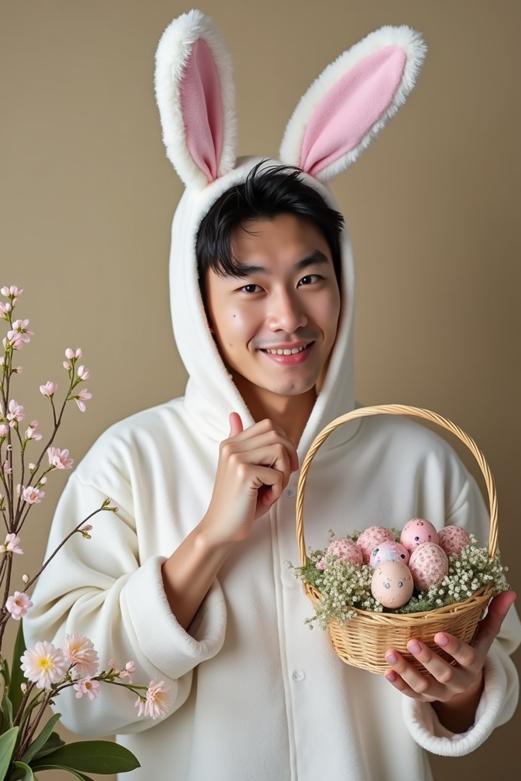 Model dressed in a cute bunny costume with pastel-colored ears, posing next to a basket of decorated Easter eggs and spring flowers.