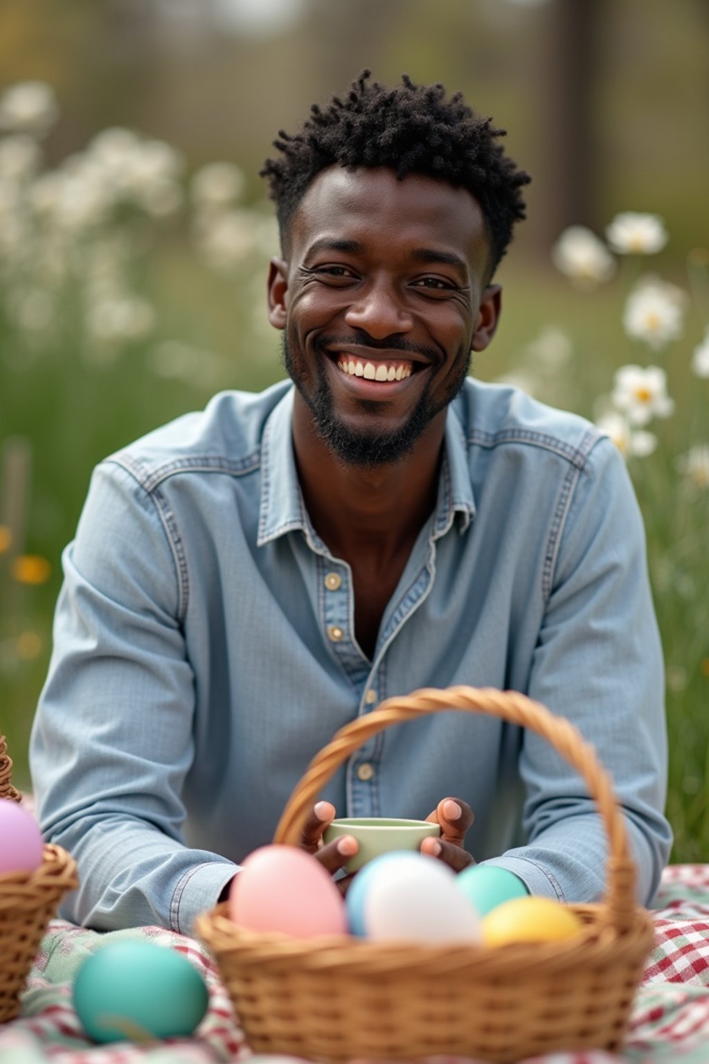 A man having a fun Easter picnic, with decorated eggs, baskets, and spring flowers in the background.